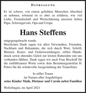 Traueranzeige von Hans Steffens  von Magdeburger Volksstimme