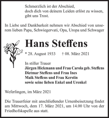 Traueranzeige von Hans Steffens  von Magdeburger Volksstimme