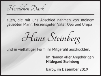 Traueranzeige von Hans Steinberg  von Magdeburger Volksstimme