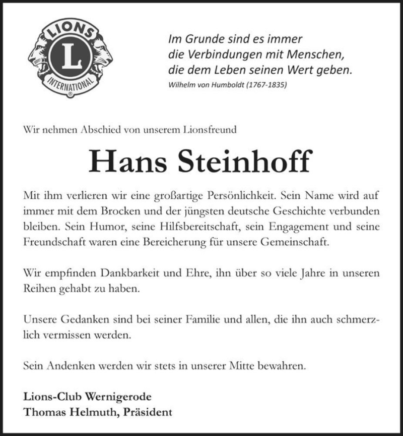  Traueranzeige für Hans Steinhoff  vom 09.06.2016 aus Magdeburger Volksstimme