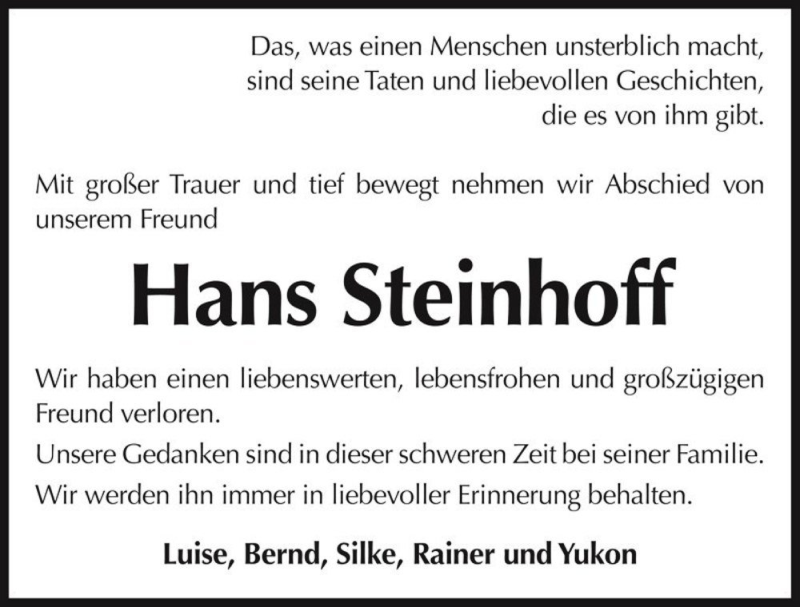  Traueranzeige für Hans Steinhoff  vom 08.06.2016 aus Magdeburger Volksstimme