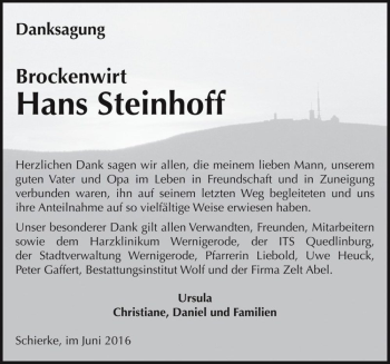 Traueranzeige von Hans Steinhoff  von Magdeburger Volksstimme