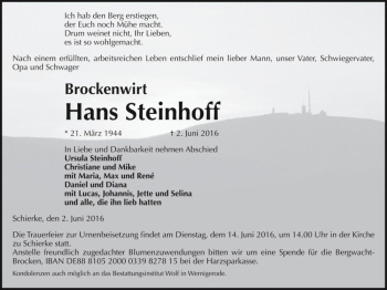 Traueranzeige von Hans Steinhoff  von Magdeburger Volksstimme