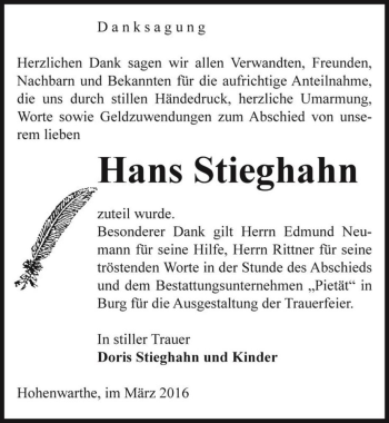 Traueranzeige von Hans Stieghahn  von Magdeburger Volksstimme
