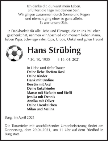 Traueranzeige von Hans Strübing  von Magdeburger Volksstimme
