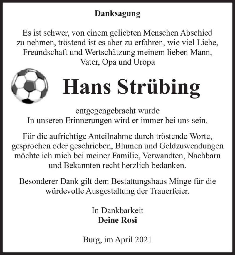  Traueranzeige für Hans Strübing  vom 08.05.2021 aus Magdeburger Volksstimme