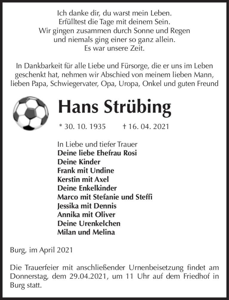  Traueranzeige für Hans Strübing  vom 24.04.2021 aus Magdeburger Volksstimme