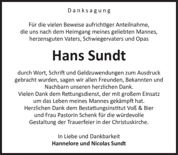 Traueranzeige von Hans Sundt  von Magdeburger Volksstimme