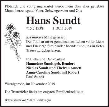 Traueranzeige von Hans Sundt  von Magdeburger Volksstimme