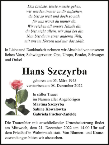 Traueranzeige von Hans Szczyrba  von Magdeburger Volksstimme