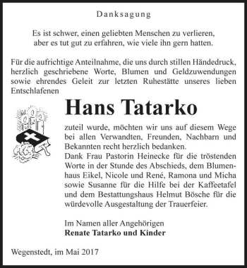 Traueranzeige von Hans Tatarko  von Magdeburger Volksstimme