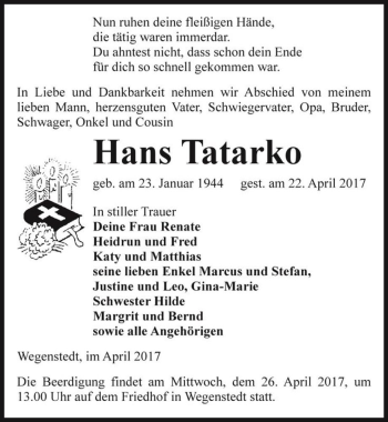 Traueranzeige von Hans Tatarko  von Magdeburger Volksstimme
