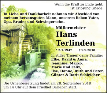 Traueranzeige von Hans Terlinden  von Magdeburger Volksstimme