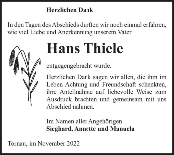 Traueranzeige von Hans Thiele  von Magdeburger Volksstimme