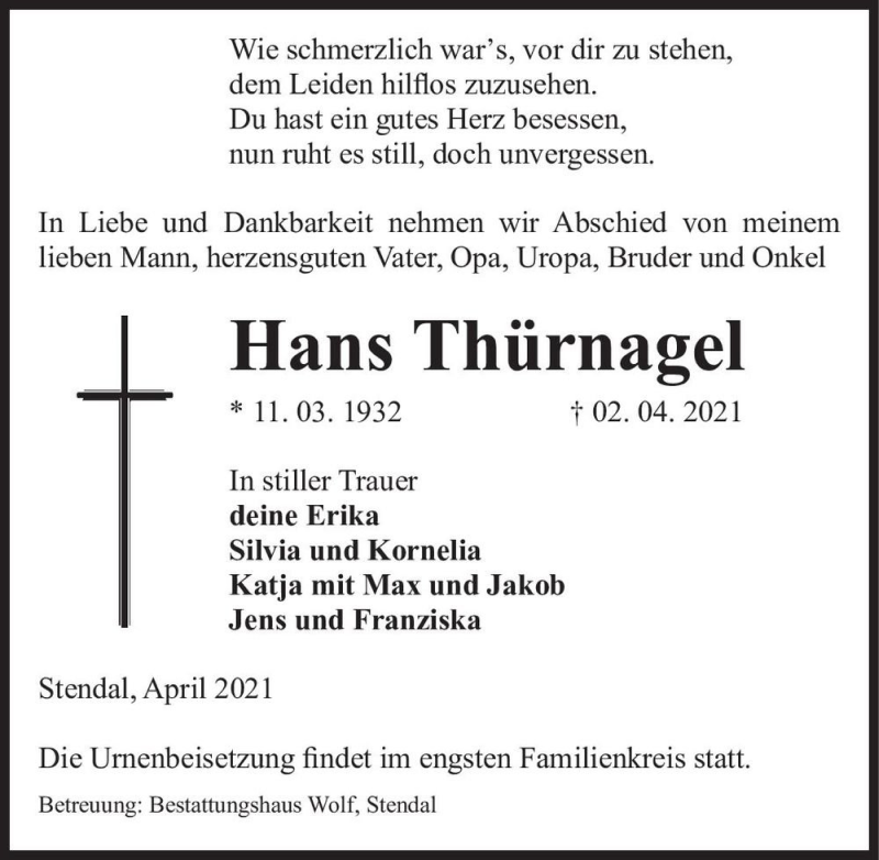  Traueranzeige für Hans Thürnagel  vom 10.04.2021 aus Magdeburger Volksstimme