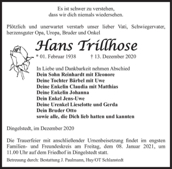 Traueranzeige von Hans Trillhose  von Magdeburger Volksstimme