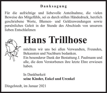 Traueranzeige von Hans Trillhose  von Magdeburger Volksstimme
