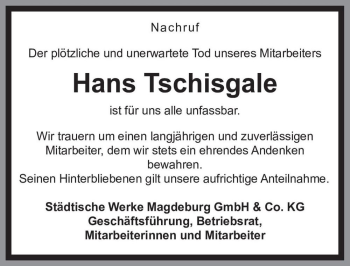 Traueranzeige von Hans Tschisgale  von Magdeburger Volksstimme
