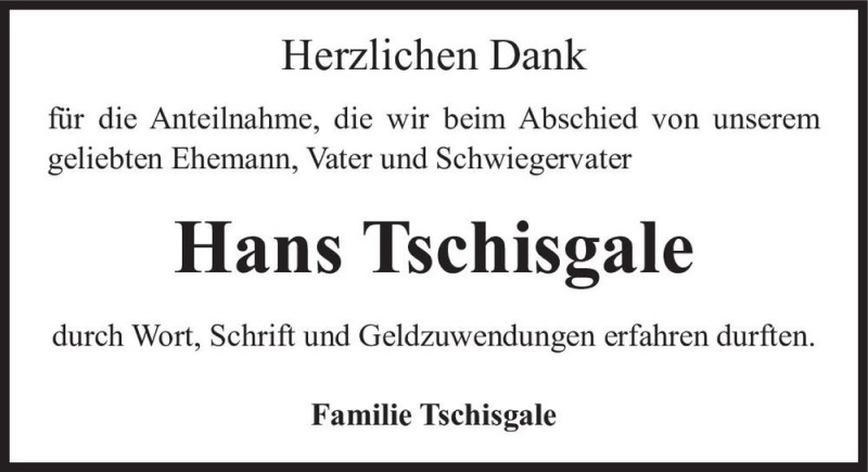  Traueranzeige für Hans Tschisgale  vom 06.02.2021 aus Magdeburger Volksstimme