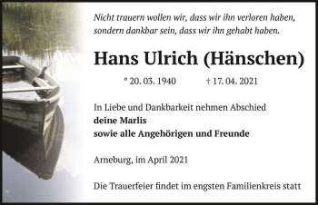 Traueranzeige von Hans Ulrich 