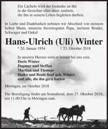 Traueranzeige von Hans Ulrich (Uli) Winter  von Magdeburger Volksstimme