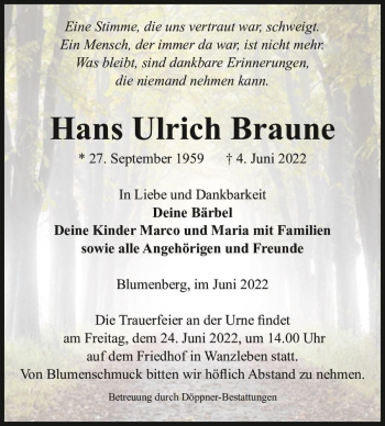 Traueranzeige von Hans Ulrich Braune  von Magdeburger Volksstimme