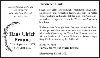 Traueranzeige von Hans Ulrich Braune  von Magdeburger Volksstimme