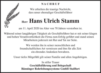 Traueranzeige von Hans Ulrich Stamm  von Magdeburger Volksstimme