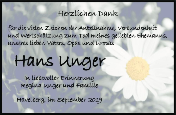 Traueranzeige von Hans Unger  von Magdeburger Volksstimme