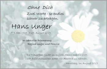 Traueranzeige von Hans Unger  von Magdeburger Volksstimme
