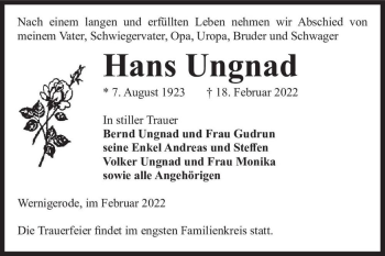 Traueranzeige von Hans Ungnad  von Magdeburger Volksstimme