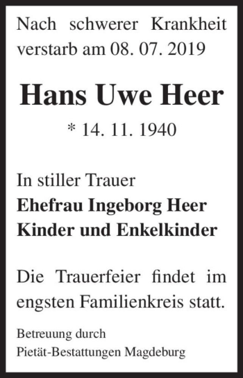 Traueranzeige von Hans Uwe Heer  von Magdeburger Volksstimme