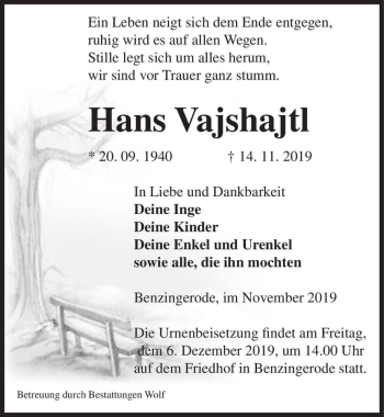 Traueranzeige von Hans Vajshajtl  von Magdeburger Volksstimme