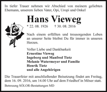 Traueranzeige von Hans Vieweg  von Magdeburger Volksstimme