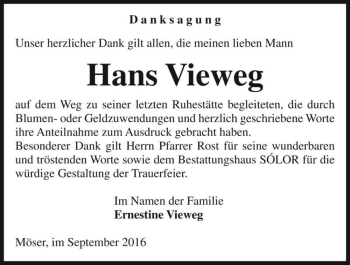 Traueranzeige von Hans Vieweg  von Magdeburger Volksstimme