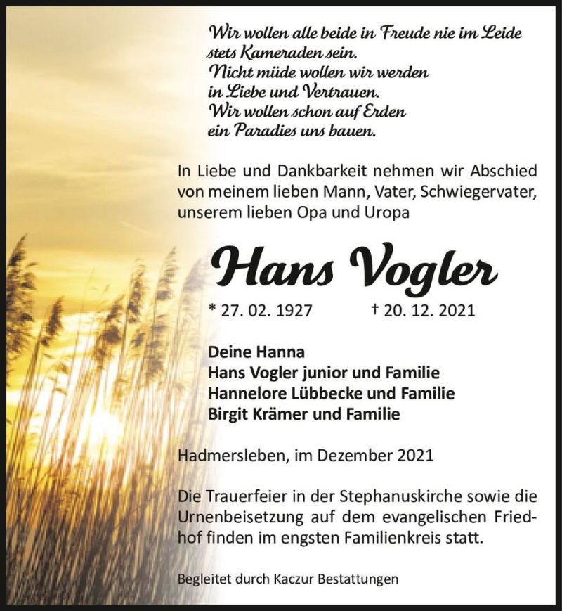  Traueranzeige für Hans Vogler  vom 23.12.2021 aus Magdeburger Volksstimme