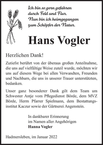 Traueranzeige von Hans Vogler  von Magdeburger Volksstimme