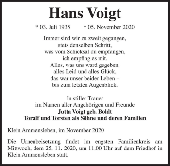 Traueranzeige von Hans Voigt  von Magdeburger Volksstimme