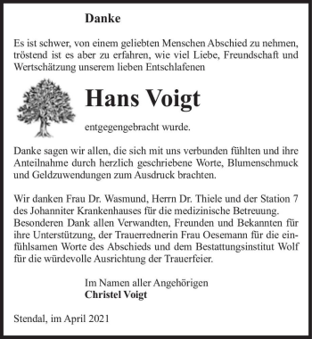 Traueranzeige von Hans Voigt  von Magdeburger Volksstimme
