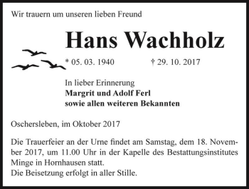 Traueranzeige von Hans Wachholz  von Magdeburger Volksstimme
