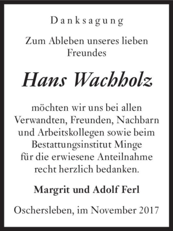 Traueranzeige von Hans Wachholz  von Magdeburger Volksstimme