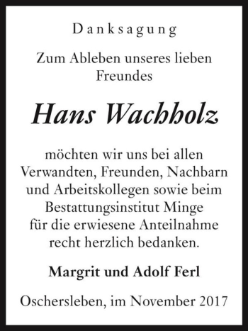 Traueranzeige von Hans Wachholz  von Magdeburger Volksstimme