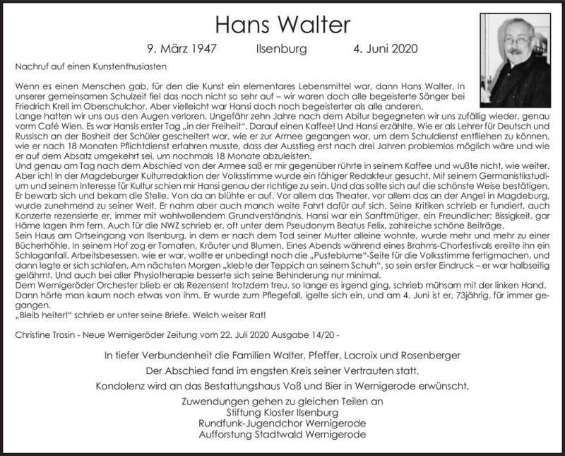  Traueranzeige für Hans Walter  vom 15.08.2020 aus Magdeburger Volksstimme