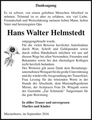Traueranzeige von Hans Walter Helmstedt  von Magdeburger Volksstimme