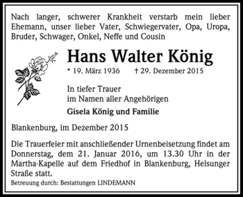 Traueranzeige von Hans Walter König  von Magdeburger Volksstimme