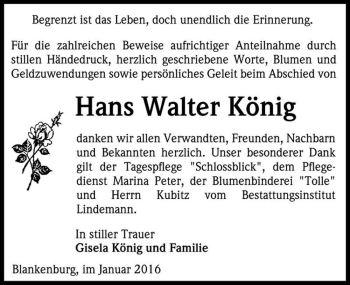 Traueranzeige von Hans Walter König  von Magdeburger Volksstimme
