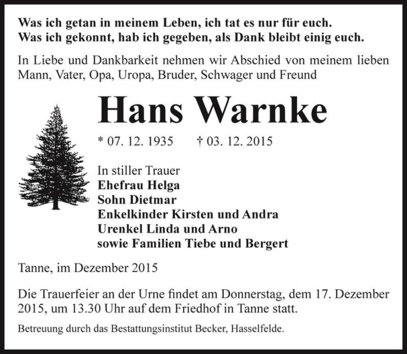  Traueranzeige für Hans Warnke  vom 10.12.2015 aus Magdeburger Volksstimme