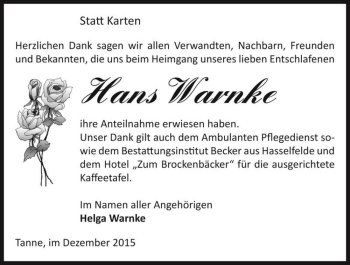 Traueranzeige von Hans Warnke  von Magdeburger Volksstimme