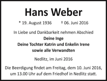 Traueranzeige von Hans Weber  von Magdeburger Volksstimme