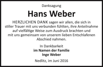 Traueranzeige von Hans Weber  von Magdeburger Volksstimme